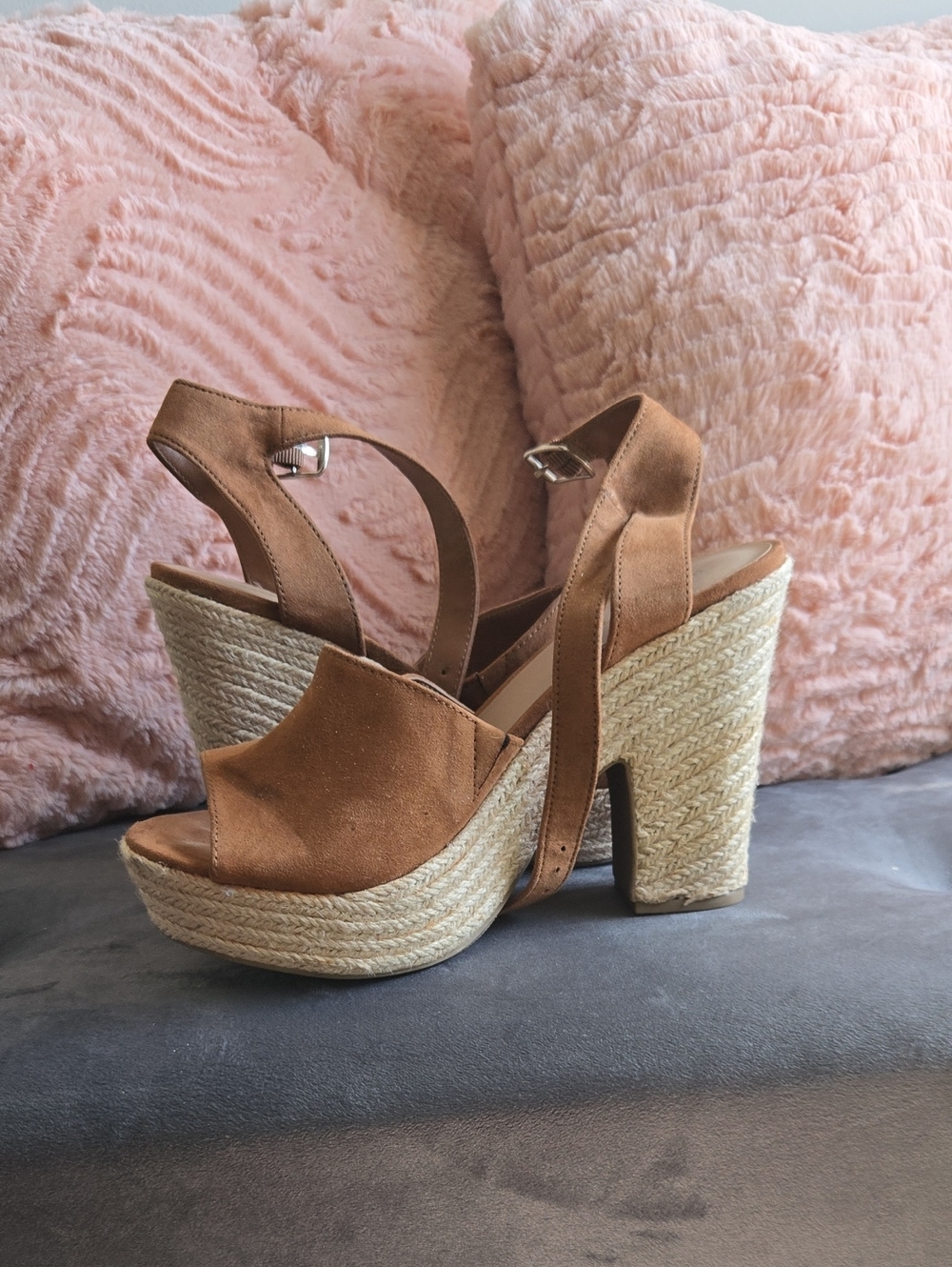 Suede Espadrille Platform Wedges with Ankle Strap - Brown